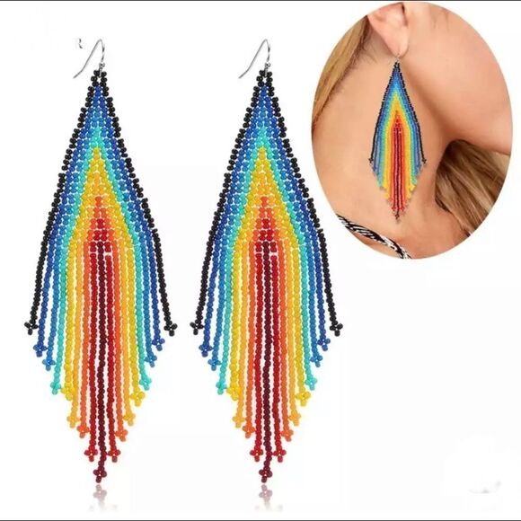 New Free People Beaded Ombré Rainbow Drop Dangle Boho Earrings - Picture 3 of 4